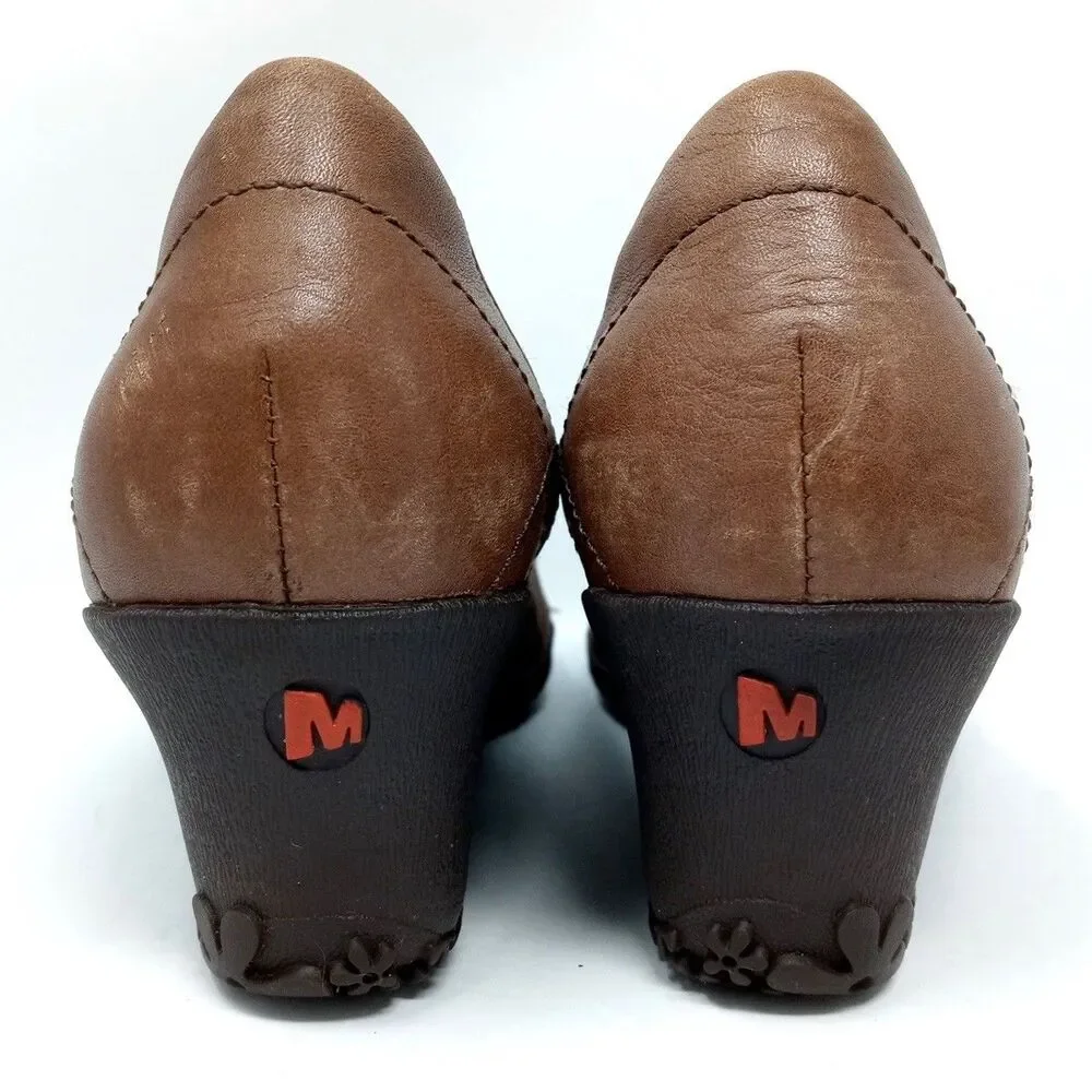 Merrell Mary Jane Wedges Womens Size 9.5 Brown Leather Shoes Vibram Sole